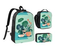 Indoor Cartoon Potted Green Plants 17 Inch Backpack Lunch Bag Pencil Case Set, Cute Print, Durable Oxford Cloth.
