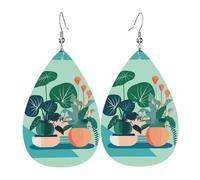 Indoor cartoon potted green plants Leather Earring Pairs Teardrop Faux Leather Earrings Set for Women Lightweight Leather Dangle Drop Earrings.