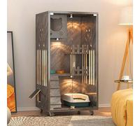 Indoor Cat Cage, Multipurpose Pet House with Lockable Wheels & Tempered Glass, Luxury Modern Villa for 1-3 Cats, Window Box & Exercise Space, Small Space Design