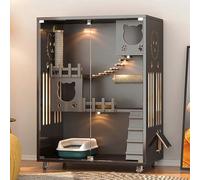 Indoor Cat Cage, Multipurpose Pet House with Lockable Wheels & Tempered Glass, Luxury Modern Villa for 1-3 Cats, Window Box & Exercise Space, Small Space Design