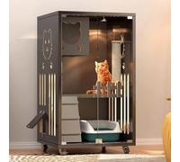Indoor Cat Cage, Multipurpose Pet House with Lockable Wheels & Tempered Glass, Luxury Modern Villa for 1-3 Cats, Window Box & Exercise Space, Small Space Design