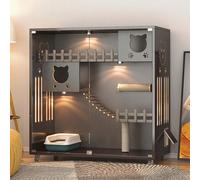 Indoor Cat Cage, Multipurpose Pet House with Lockable Wheels & Tempered Glass, Luxury Modern Villa for 1-3 Cats, Window Box & Exercise Space, Small Space Design
