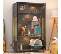 Indoor Cat Cage, Multipurpose Pet House with Lockable Wheels & Tempered Glass, Luxury Modern Villa for 1-3 Cats, Window Box & Exercise Space, Small Space Design