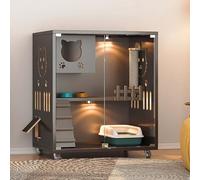 Indoor Cat Cage, Multipurpose Pet House with Lockable Wheels & Tempered Glass, Luxury Modern Villa for 1-3 Cats, Window Box & Exercise Space, Small Space Design