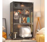 Indoor Cat Cage, Multipurpose Pet House with Lockable Wheels & Tempered Glass, Luxury Modern Villa for 1-3 Cats, Window Box & Exercise Space, Small Space Design