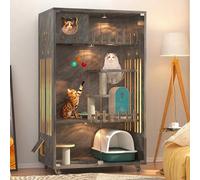 Indoor Cat Cage, Multipurpose Pet House with Lockable Wheels & Tempered Glass, Luxury Modern Villa for 1-3 Cats, Window Box & Exercise Space, Small Space Design