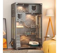 Indoor Cat Cage, Multipurpose Pet House with Lockable Wheels & Tempered Glass, Luxury Modern Villa for 1-3 Cats, Window Box & Exercise Space, Small Space Design