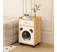 Indoor Cat Enclosure with Drawers - Wooden Bedside Table on Wheels for Easy Mobility