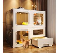 Indoor Cat Enclosure with Transparent Windows, Litter Box Drawer, and Knob Locks for Multi-Feature Cat Condo