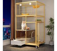 Indoor Cat House with Litter Box Enclosure Easy to Clean, Metal Cat Kennel Outdoor with Wheels Move Easily 2/3/4-tier Cat Enclosures Indoor with Accessories(Yellow,76 * 56 * 148cm)