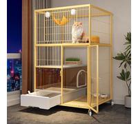 Indoor Cat House with Litter Box Enclosure Easy to Clean, Metal Cat Kennel Outdoor with Wheels Move Easily 2/3/4-tier Cat Enclosures Indoor with Accessories(Yellow,76 * 56 * 126cm)