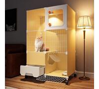 Indoor Cat House with Wheels, Enclosed Cat Cage for Small Spaces, Easy Clean Litter Box, Windproof Lockable Door, Cat Cage for Indoor Use (70x45x113cm)