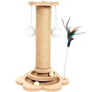 Greenfields Cat Scratch Post for Indoor Cats - 40cm Tall - Durable Pine & Sisal Cat Scratcher with Interactive Game Balls, Feather Pleaser & Platforms, Compact Scratch Pole for Kittens