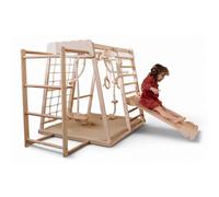 Indoor Climbing Frame for Toddlers, Climbing Wall, Wooden Play Gym, Wooden Swing and Slide set, Jungle Gym, Play mat in Blue-Beige Color