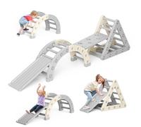 Indoor Climbing Frame Set with Slide & Rocker, Triangular Ladder, Arch Ladder, 2 Climbing Boards, Thickened Bars, Reinforced Connections, Anti-Slip Foot Covers, 50kg, 1-8 Years