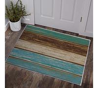 Indoor Door Mat, Absorbent Non Slip Rubber Washable Doormat, Teal Turquoise Rustic Wood Low Profile Welcome Mat for Front Door, Entrance, Garage, Entryway, RV, Backdoor, 24"x 16" (Wooden Board)