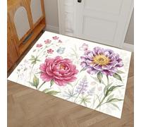 Indoor Door Mats, Retro Watercolor Style Dirt Trapper Washable Mat Peonies Butterflies Low-Profile Doormat with Non Slip Backing for Entrance, Inside, Kitchen, Front Back Door, 80 x 120 cm, Purple