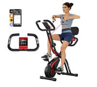 Indoor Exercise Bike, Folding Exercise Machine Stationary Fitness Bikes with 10-level Adjustable Magnetic Resistances, LCD Display, Adjustable Seat, Cozy Backrest and Resistance Bands