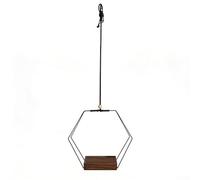Indoor Hanging Plant Basket Hexagonal Metal Frame with Iron Ring and Wooden Base for Small Balcony or Window Gardening (B)