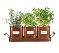 Indoor Herb Planters on Tray Set of 3 Copper Kitchen Windowsill Plant Pots | Windowsill Herb Pots, Drainage Holes, Markers, Carrying Handles, Herb Pot, Herb Planter, Kitchen Herb Pots