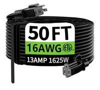 Indoor Outdoor Black Extension Cord 50 ft Waterproof, 16/3 Gauge Flexible Cold-Resistant Appliance Extension Cord Outside, 13A 1625W 16AWG SJTW, 3 Prong Heavy Duty Electric Cord, ETL HUANCHAIN