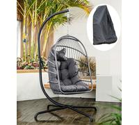 Indoor Outdoor Egg Chair with Stand and Oxford Cover 440lbs Capacity Folding Patio Wicker Hanging Swing Chair Dark Gray