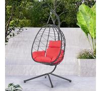Indoor/Outdoor Egg Chair with Stand - Stylish PE Wicker Swing Chair Durable PowderCoated Steel Frame & Washable Cushion - Perfect Modular Patio Furniture for Garden & Balcony (Red