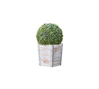 Teamson Home Indoor Outdoor Garden Solar Light Decor, Pre Lit Automatic Artificial Faux Round Topiary Shrub Bush with Rustic Wooden Plant Pot