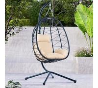 Indoor/Outdoor Hanging Egg Chair with Stand PE Wicker Swing Chair PowderCoated Steel Frame MachineWashable Cushion Stylish Patio Furniture for Balcony & Garden (Beige)