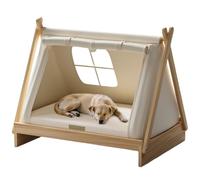 Indoor/Outdoor Pet Teepee Tent, Sturdy Wooden A-Frame Kennel with Roll-Up Door, Vent Window & Plush Memory Foam Bed