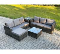 Indoor Outdoor Rattan Garden Furniture 7 Seater Set Table Sofa Chair Patio Conservatory with Grey Cushions Big Footstool Side Table Fimous Dark Grey One Size