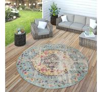 Paco Home Indoor & Outdoor Rug Oriental Pastel Turquoise Pink Yellow, Size:Ø 200 cm round