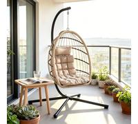 Indoor&Outdoor Swing Egg Chair Foldable Rattan hanging chair Weatherproof garden rocking chairs hammock chairs Thick Padded Cushion Steel Frame Max.150kg for Garden Balcony Yard Living Room, Beige
