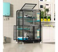 Indoor Pet Cage with Wheels, Metal Frame, Three Doors, Includes Hammock and Ladder, for Cats, Kittens, Guinea Pigs, Bunnies, and Chinchillas