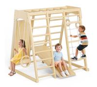 Indoor Playground,9-in-1 Jungle Gym Kids Climbing Toys, Montessori Wooden Climber Playset with Slide, Swing, Monkey Bars, Upright/Rope Ladder, Climb Net