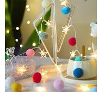 Indoor Pom Poms Star Lights - 6.56 Feet, 20 LED, Battery Operated, Warm White, Colorful Decor for Home, Bedroom, Kids Playhouse, Holiday, Christmas