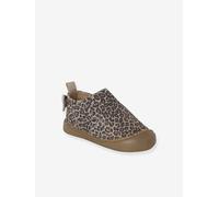 Indoor Shoes in Smooth Leather with Hook-&-Loop Strap, for Babies printed beige