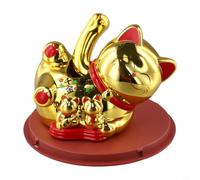Indoor Solar Waving Lucky Cat for Desk or Tabletop Display with Consistent Performance in Natural Light (Gold)