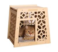 Indoor Solid Wood Cat House, Handcrafted Vintage Carved Hollow Design, Natural Wood Finish, Easy Assembly & Cleaning, Elegant Pet Shelter for Feline Friends
