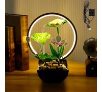 Indoor Tabletop Fountain Water Feature with Rocks & LED Ring Lights Mini Indoor Water Fountain Feature Zen Waterfall Fountain Decor with Built in Pump 3 Tiers Green Leaf for Home Office(B)