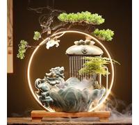Indoor Tabletop Water Fountain with Mist and Backflow Incense Burner, Chinese Ceramic Pixiu Statue, LED Light Ring, 40cm Decorative Home Accent
