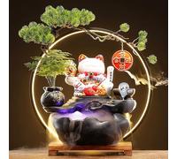 Indoor Tabletop Waterfall Fountain with Lucky Cat, LED Light Ring, Backflow Incense Burner, Small Desk Water Feature