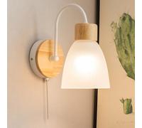 Indoor Wall Light with Pull Cord Switch Wall Lamp Wood Modern Glass Shade Interior Decor Round E27 Socket Industrial Wall Sconces Metal Mounted Simple for Bedroom Reading Bedside (White,1 Pack)