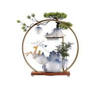 Indoor Waterfall Fountain w/LED Light Mist Ceramic Deer Tabletop Fountain w/lotus Backflow Incense Zen Meditation Decor(Blu,L)