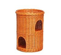 Indoor Wicker Cat Cave House, Cave Double Cat Bed, 2-Tier Wicker Cat House Elevated Pet Bed Basket Willow Kitten Tower Pet Den, with Washable Soft Cushion (44x44x53cm)