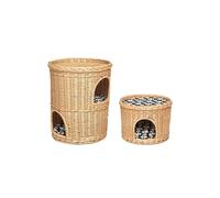 Indoor Wicker Cat Cave House, Willow Basket Two Tier, Pet Sleeping Bed Play Furniture with Washable Soft Cushion Brown (42x42x32cm)