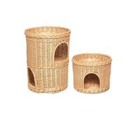 Indoor Wicker Cat Cave House, Willow Basket Two Tier, Pet Sleeping Bed Play Furniture with Washable Soft Cushion Brown (42x42x32cm)