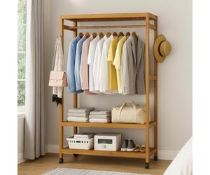 INDOORIST Heavy Duty Wooden Clothes Stand - Garment for Open Wardrobe with Wheels - Modcraft