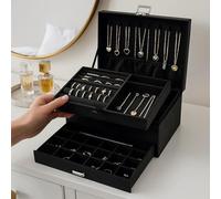 INDOORIST Modcraft 3-Layer Jewellery Box, Black, Suede Fabric and Iron, Lockable Drawer Organizer, for Rings, Earrings and Necklaces, 24.5 x 17 x 11.5 cm