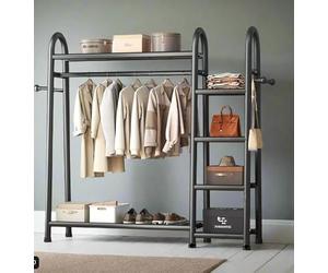 INDOORIST Modcraft Double Clothes Rail Rack, Bedroom Laundry Storage, Metal, 120x41x160 cm, Freestanding, Double Rails with Bottom Shelves & Hooks, Modern, Chrome Plated